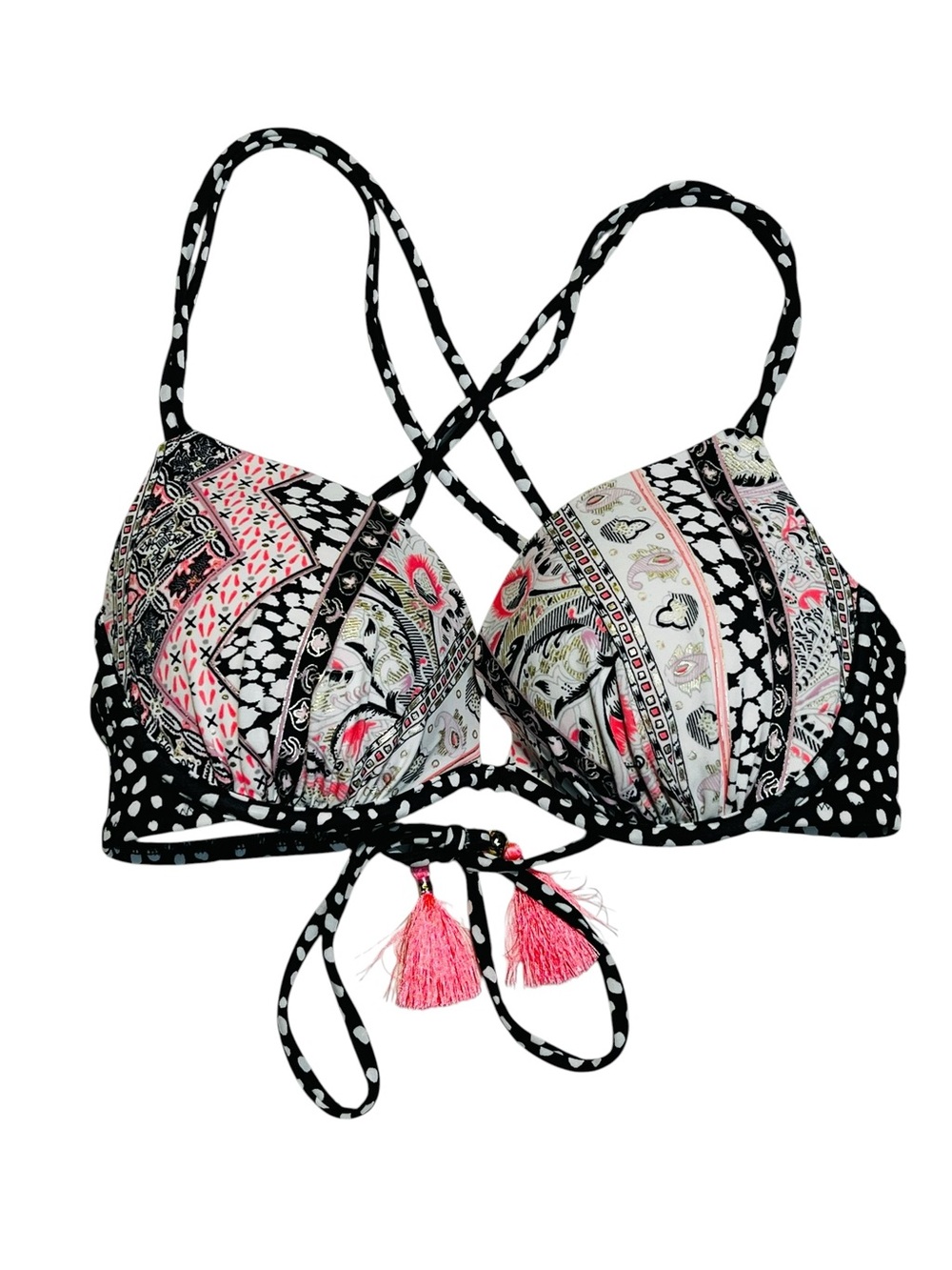 Victoria's Secret 34C‎ Black & Pink Printed Push-Up Bikini Top with Tassels